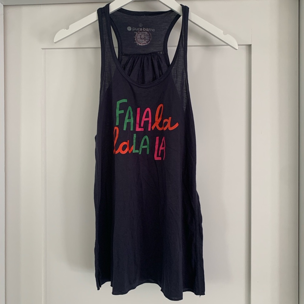 Pure Barre Navy FaLaLa Tank Top with Festive Holiday Print